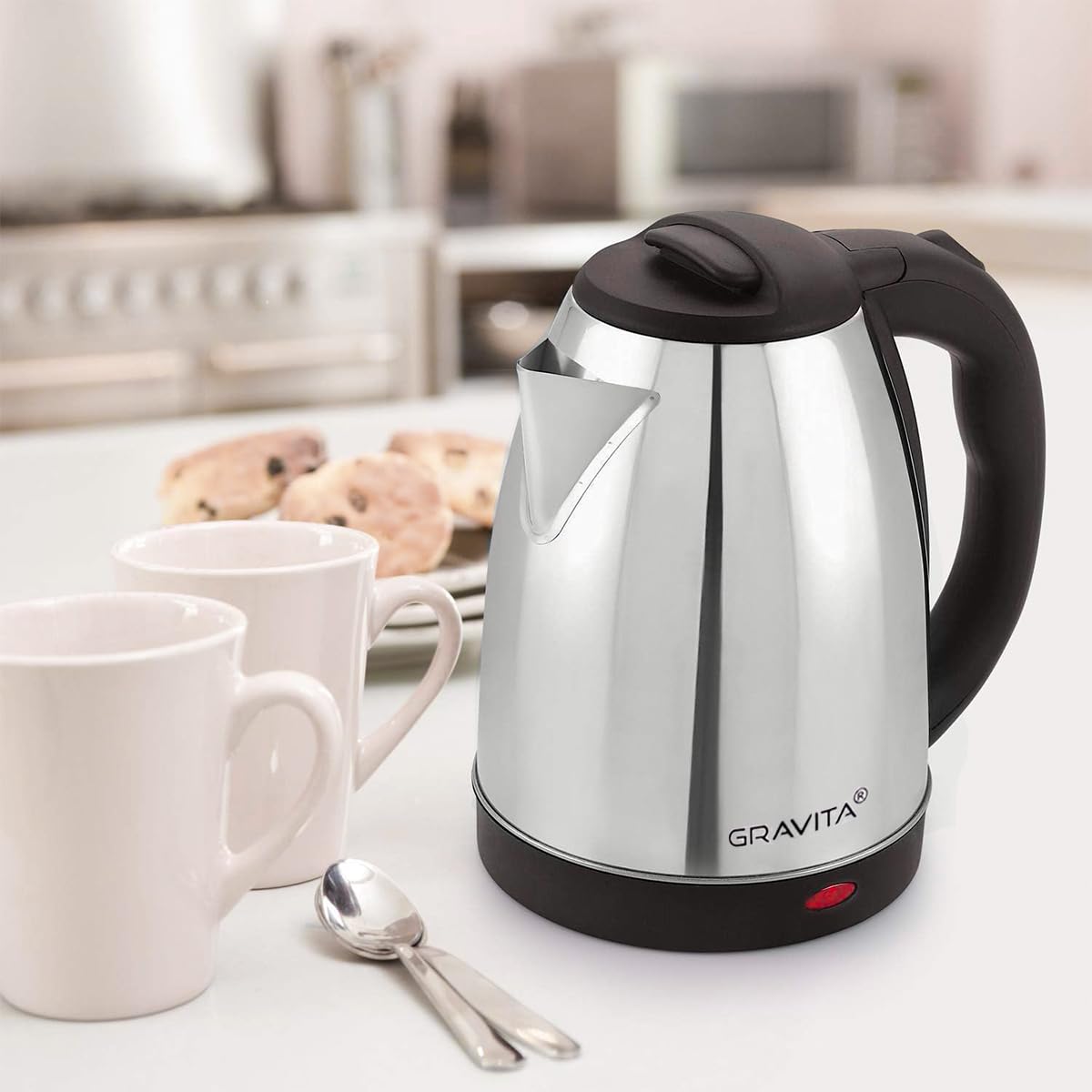 GRAVITA Cafetera Tetera Eléctrica Hervidor de Agua Capacidad 2 Litros, Cuerpo de Acero Inoxidable con Sistema de Ebullición Rápida, Apagado Automático, Potencia 900W.