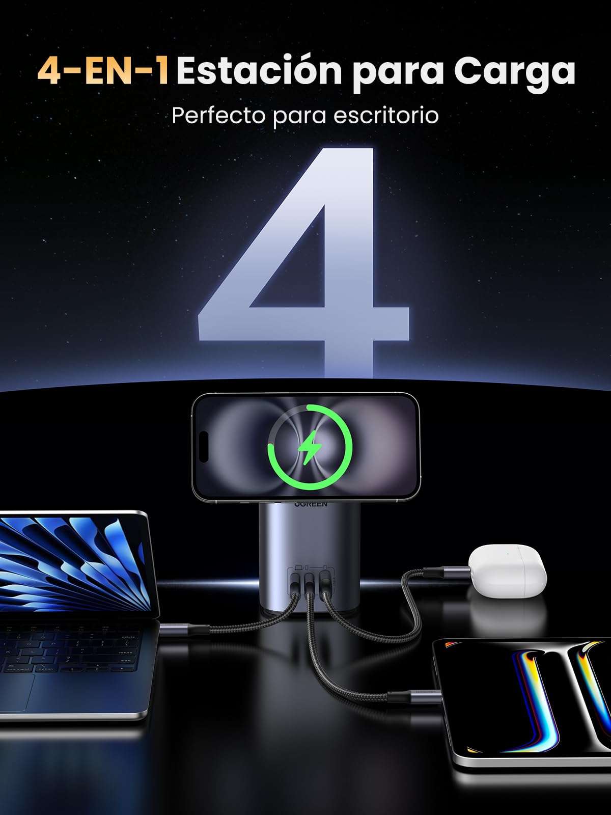 Cargador Inalámbrico UGREEN 15W Qi2 Certificado Blanco con Estación de Carga Magnética 4 en 1 para Múltiples Dispositivos