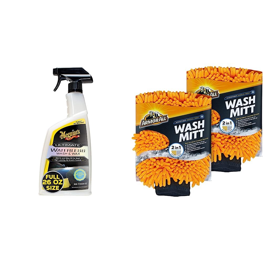 Kit de Lavado y Encerado Instántaneo Meguiar's Wash Wax Anywhere 769 ml Manopla de Microfibra Armor All para Coches Camiones Motocicletas 2 Unidades