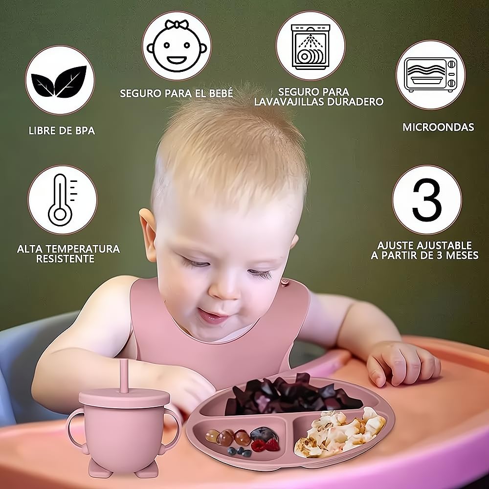 Set de Platos y Cubiertos Babe Rosa con Ventosas para Bebé