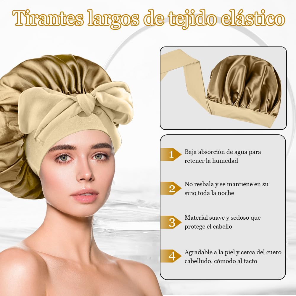 Gorro de Seda para Dormir, Para El Cabello Largo Bonnet Ajustable para Mujer，capó ajustable de satén，Capos grandes de seda satinada para dormir con correa de corbata, Adecuado para Dormir, Bañarse