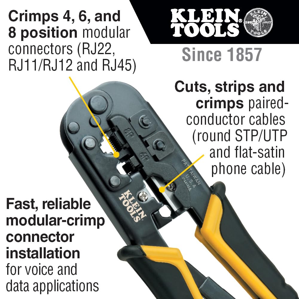 Klein Tools VDV226-817| Kit de instalación modular todo en uno |Corta, pela y poncha cables de voz y datos |Crimpado preciso y seguro |Crimpadora de terminales |Herramientas |Con conectores | Amarillo