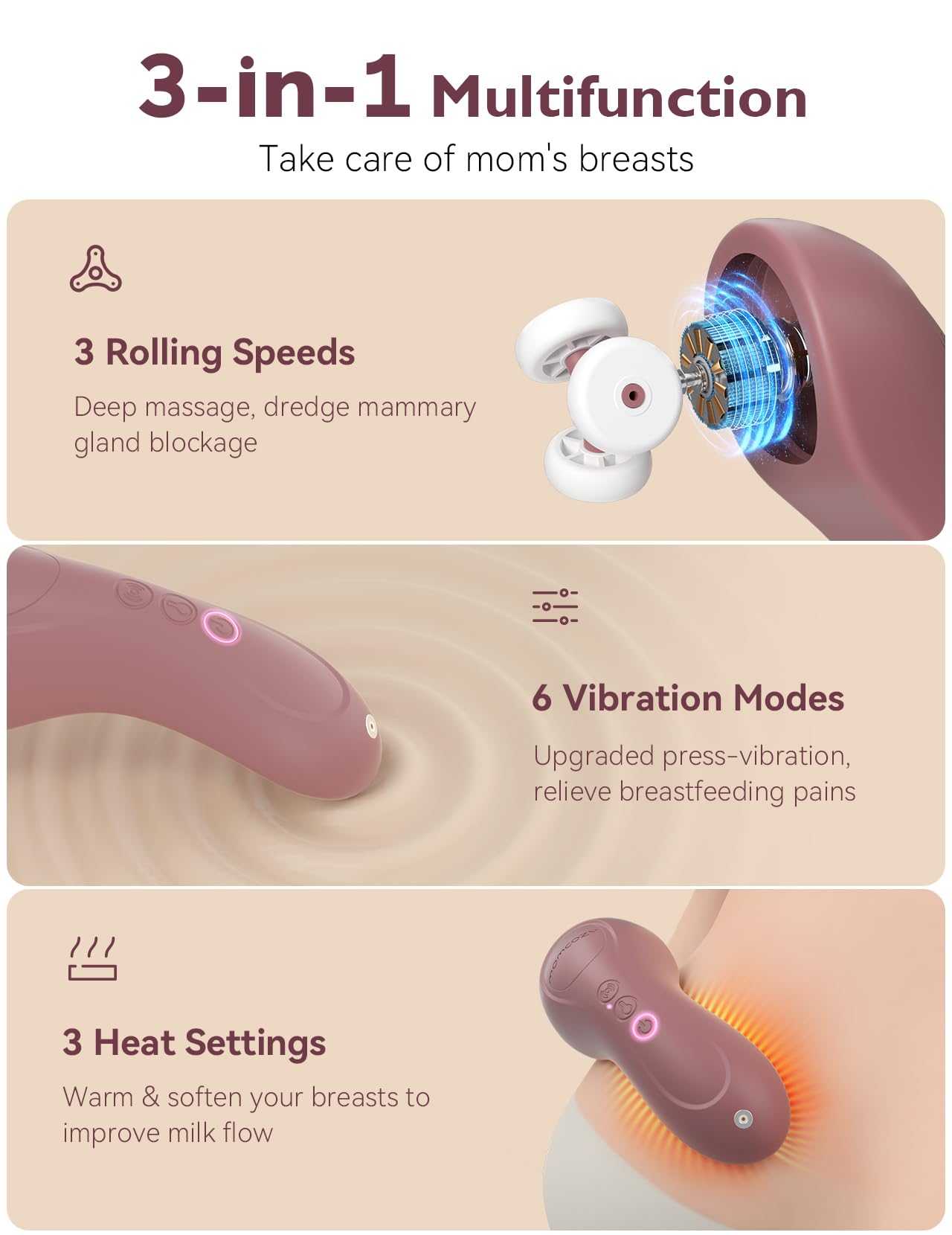 Momcozy - Masajeador de lactancia rodante con calor, 3 en 1 para aliviar los conductos obstruidos, mejora el flujo de leche, rosa polvorienta
