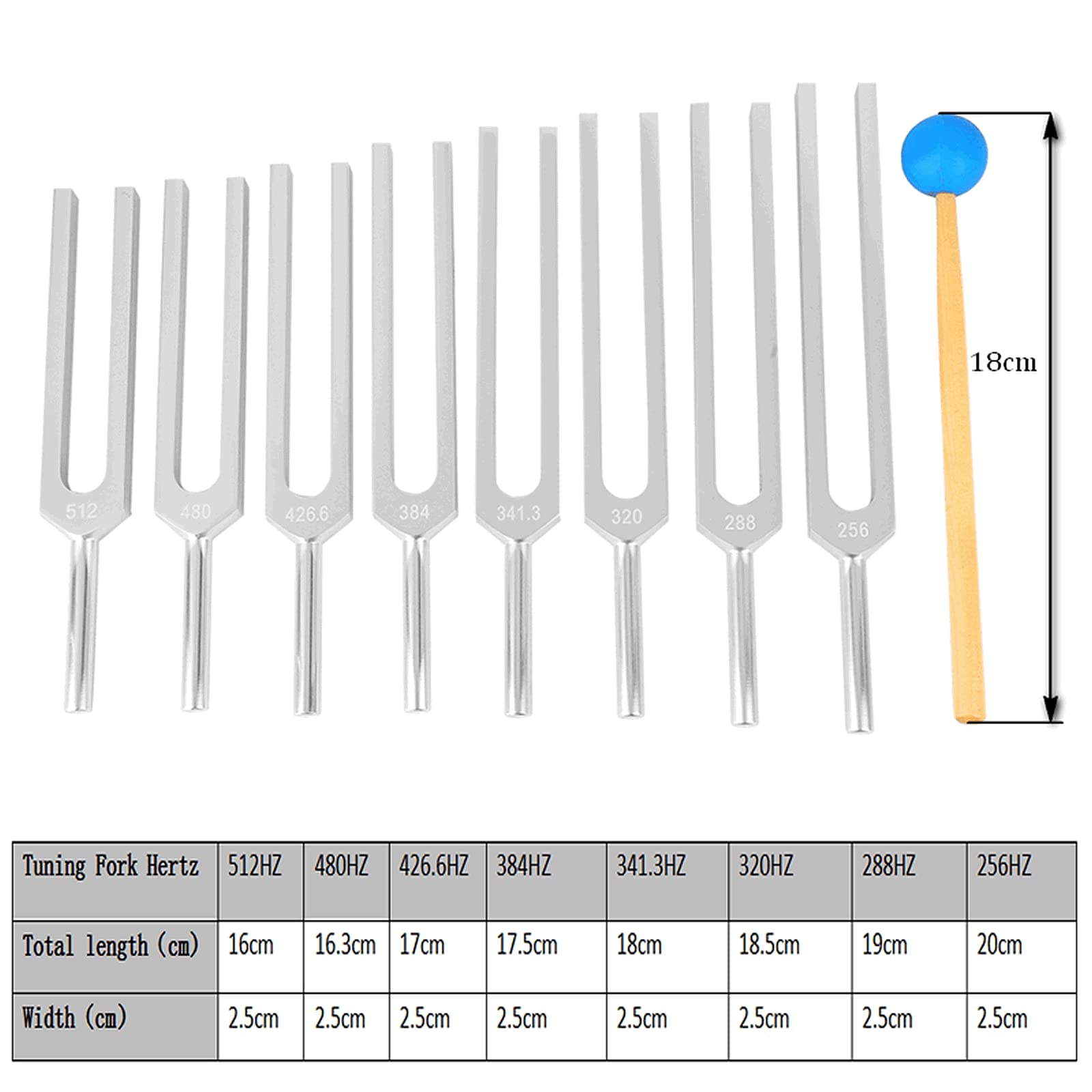 Juego de diapasones, instrumentos de diapasón de aleación de aluminio, neurológicos 8 diapasones de diferentes frecuencias, 256,288,320,341.3,384,426.6,480,512Hz