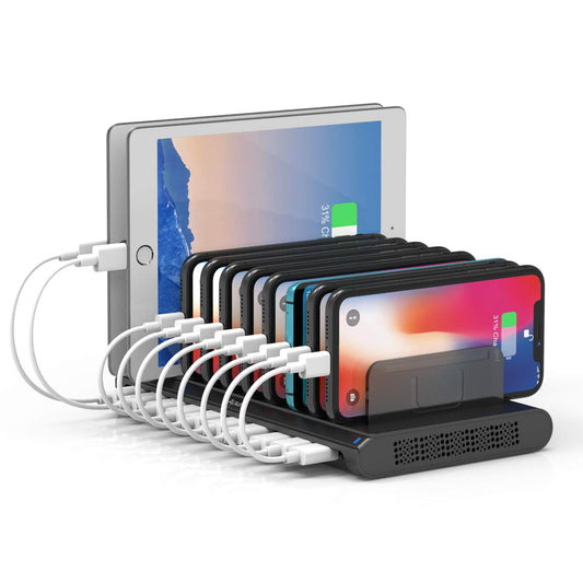 Alxum - Estación de Carga USB de 10 Puertos, estación de Carga para Varios Dispositivos con divisores Ajustables, Negro