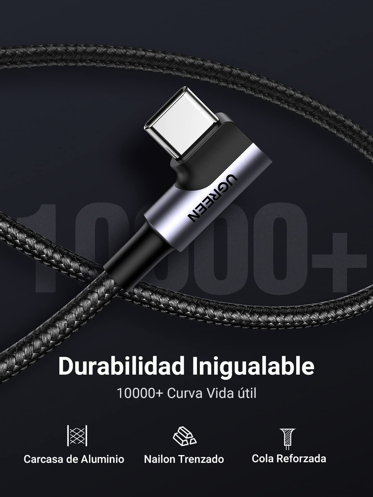 Cable USB Tipo C UGREEN Gris Nylon Trenzado Carga Rápida 1M
