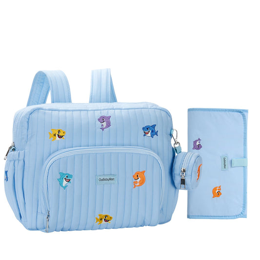 Mochila Para Pañales GOBABYMART Azul Tiburones Mediano con Cambiador y Bolsillos Aislados