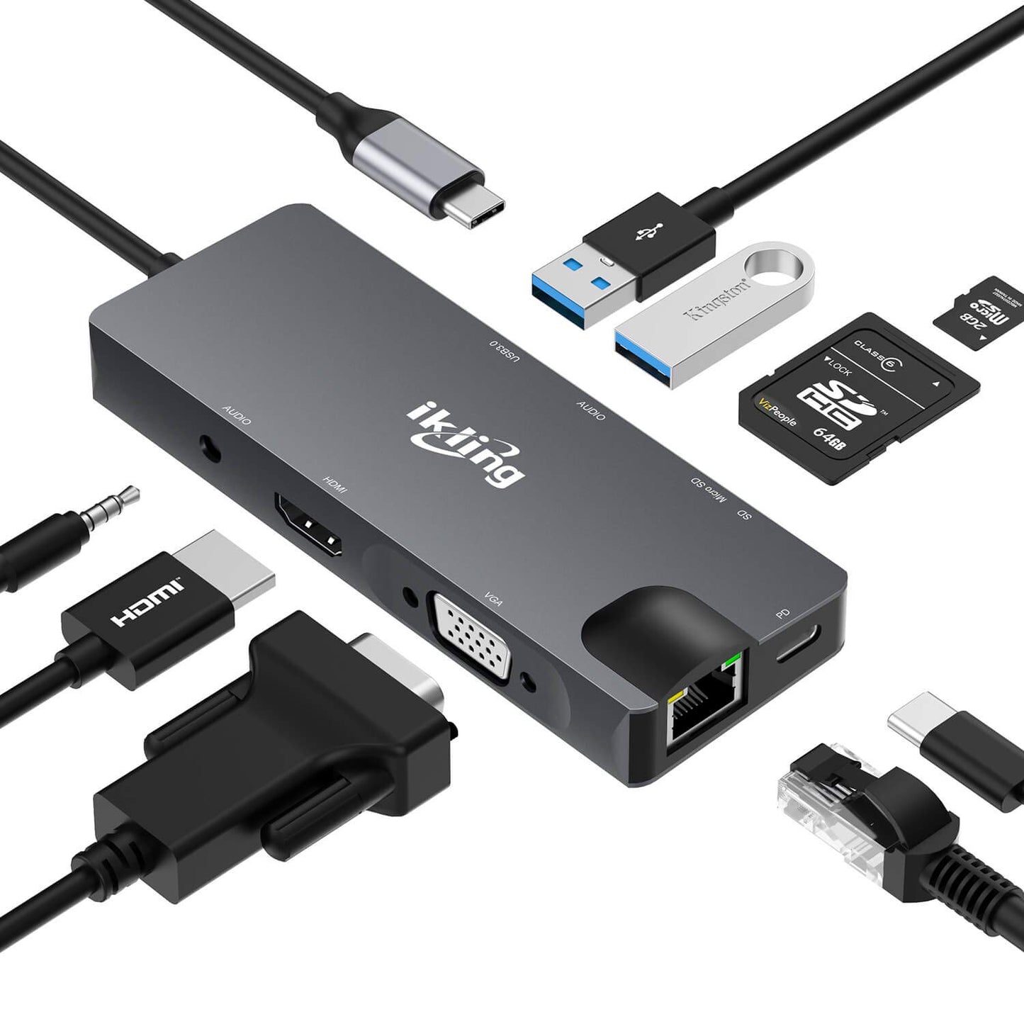Hub USB C, adaptador 3 en 1 USB C con 4K USB C a HDMI, VGA, carga USB C, 2 USB 3.0, lector de tarjetas SD/TF, USB C a 3,5 mm, Gigabit Ethernet, base USB C compatible con Apple MacBook Pro 13/15 (Thunderbolt 3)