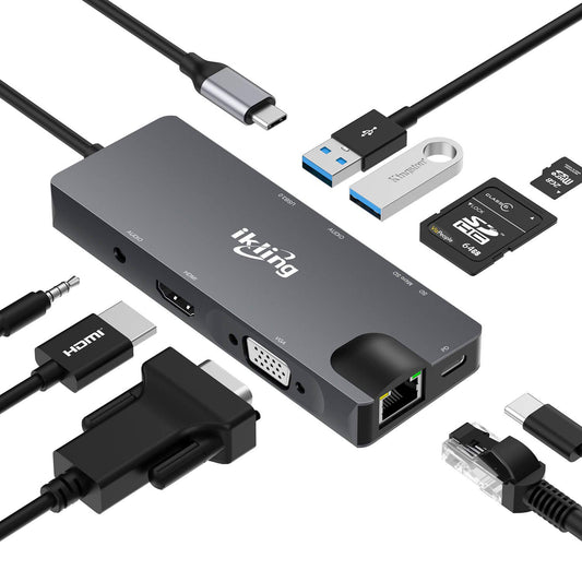 Hub USB C, adaptador 3 en 1 USB C con 4K USB C a HDMI, VGA, carga USB C, 2 USB 3.0, lector de tarjetas SD/TF, USB C a 3,5 mm, Gigabit Ethernet, base USB C compatible con Apple MacBook Pro 13/15 (Thunderbolt 3)