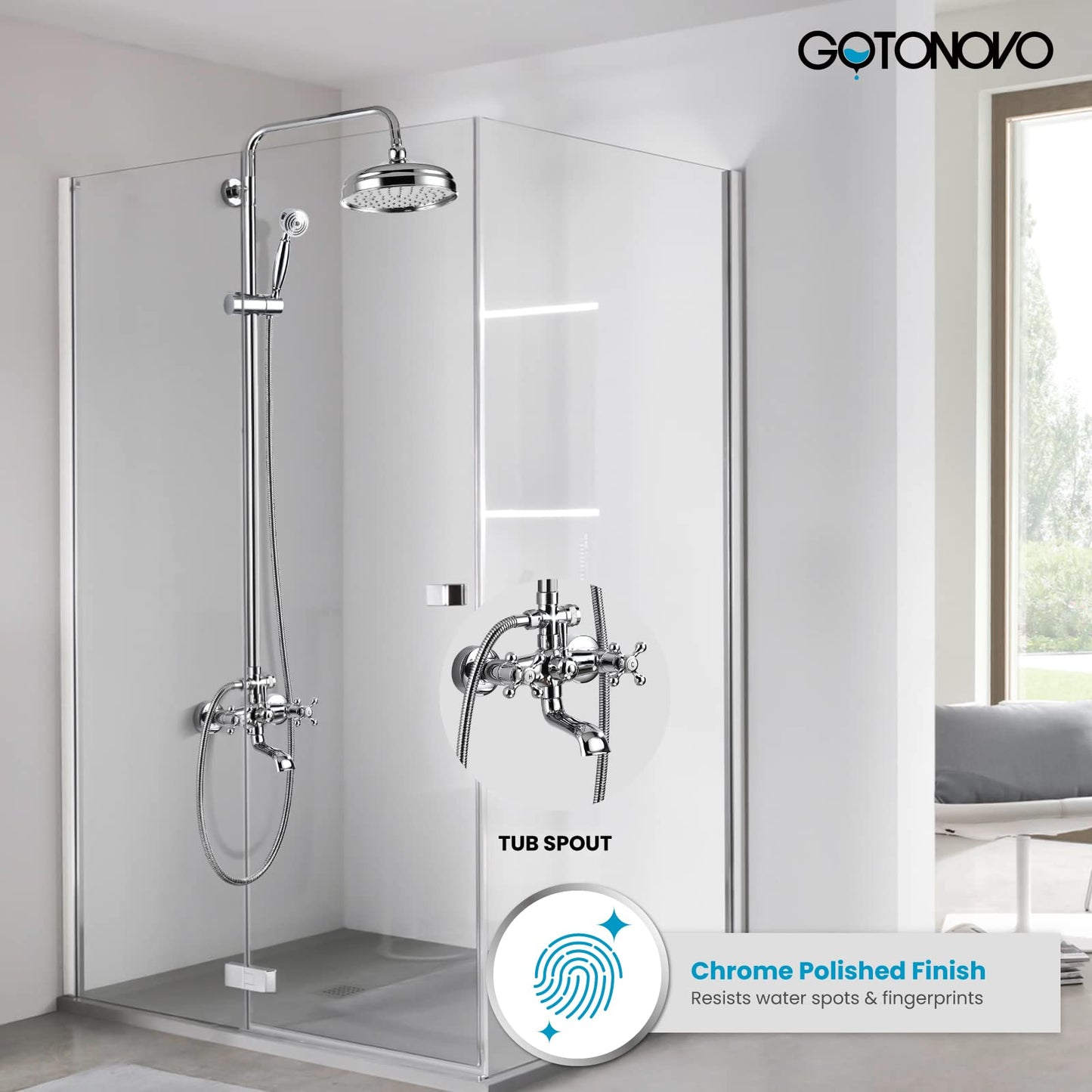 gotonovo - llave de ducha de baño, mezclador de lluvia redondo de 8 pulgadas, doble asa cruzada con boquilla para tina, montaje en pared, accesorios de ducha de baño, pulverizador de mano de metal de