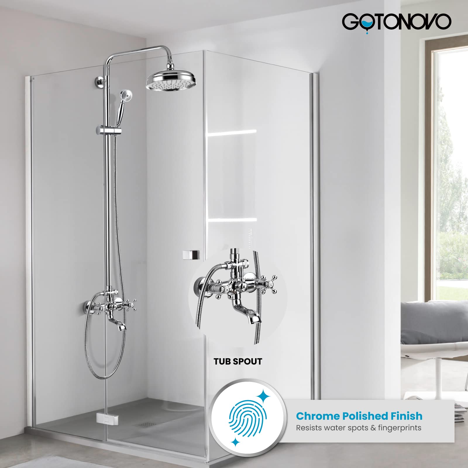gotonovo - llave de ducha de baño, mezclador de lluvia redondo de 8 pulgadas, doble asa cruzada con boquilla para tina, montaje en pared, accesorios de ducha de baño, pulverizador de mano de metal de