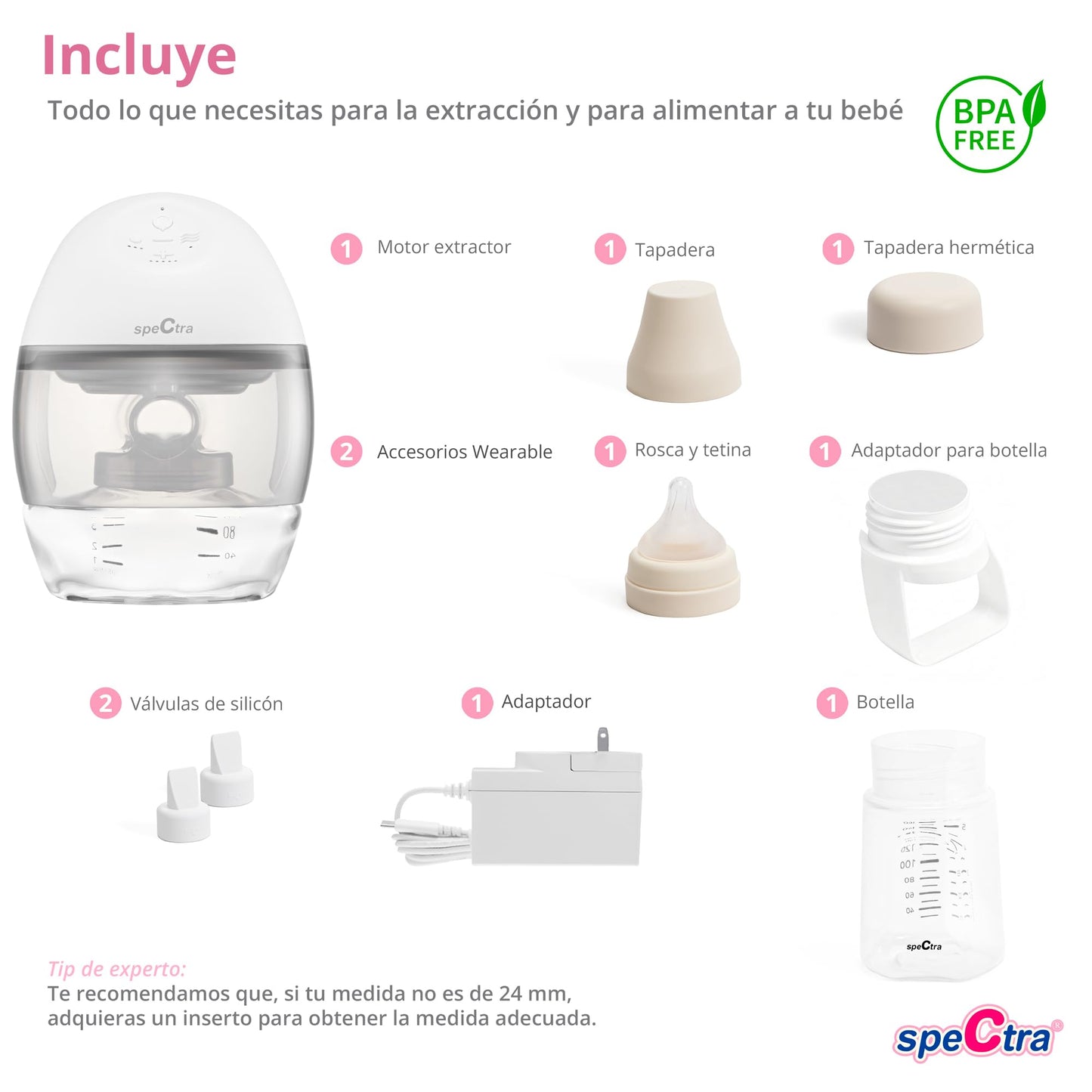 Spectra Extractor de Leche Electrico Manos Libres Wearable | 1 Spectra Sacaleches Portátil Sin Cables, Recargable | Sistema Cerrado | Ideal para Bebé y Maternidad | 24mm