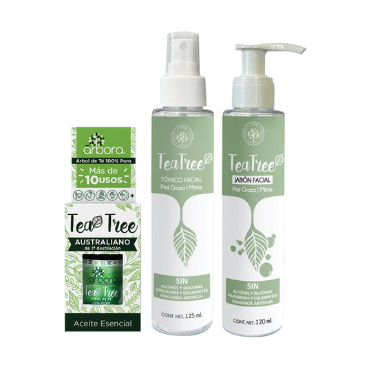Kit Piel Grasa y Mixta: JABÓN Facial Tea Tree + TÓNICO Facial Tea Tree + ACEITE ESENCIAL de Tea Tree. La combinación Ideal para dejar la piel limpi