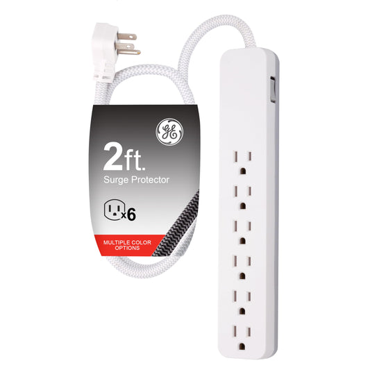 GE Ultra Pro, Multicontactos de 6 Salidas, Enchufe Plano, Cable de Extension Trenzado de .60 m (2 pies), 560 Julios, Certificacion UL, Ranuras para Montaje en Pared, 1 Unidad, Blanco, 45264