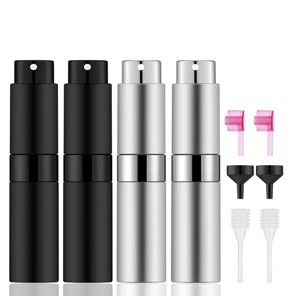 Lil Ray Mini atomizador portátil de perfume de 8 ml, botella de spray vacía recargable para viajes, pulverizador de colonia con bolsillo Twist Tpye, Negro - plata