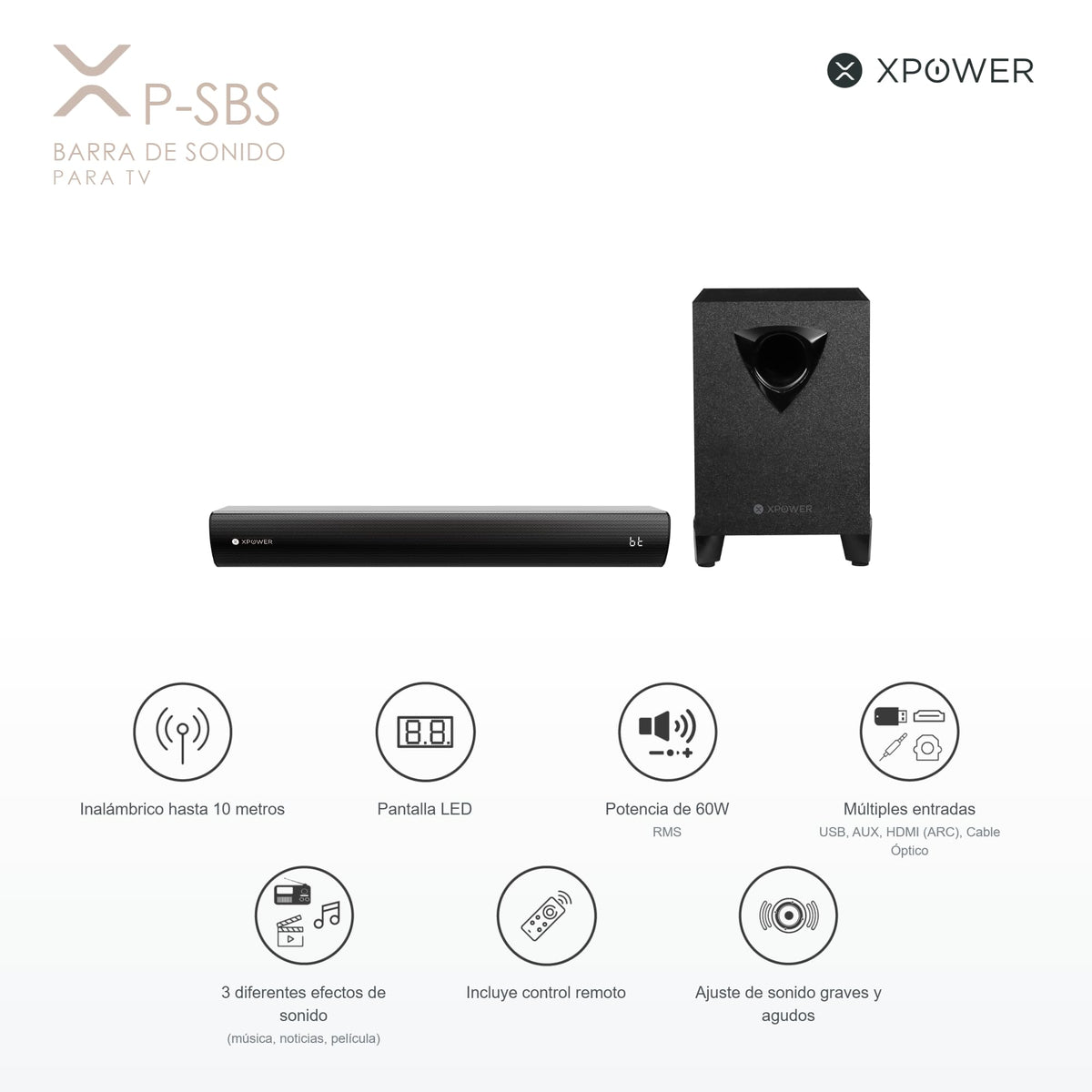 Barra de Sonido XP WER Negro con HDMI, Óptico y Auxiliar, 40W Estéreo Montaje en Mesa