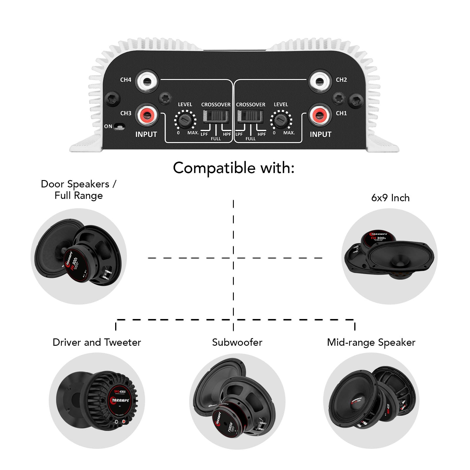 Amplificador de Audio Taramp's TS400X4 Negro Rango Completo 2 Ohmios 4 Canales 400 W Clase D para Auto