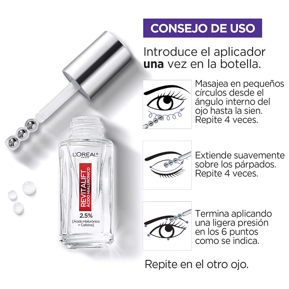 L'Oréal Paris Sérum Ojos Revitalift Ácido Hialurónico revitaliza los ojos disminuye ojeras oscuras y bolsas, ácido hialurónico para hidratar y rellenar líneas de expresión + 1% de cafeína pura para reducir ojeras. 20ml