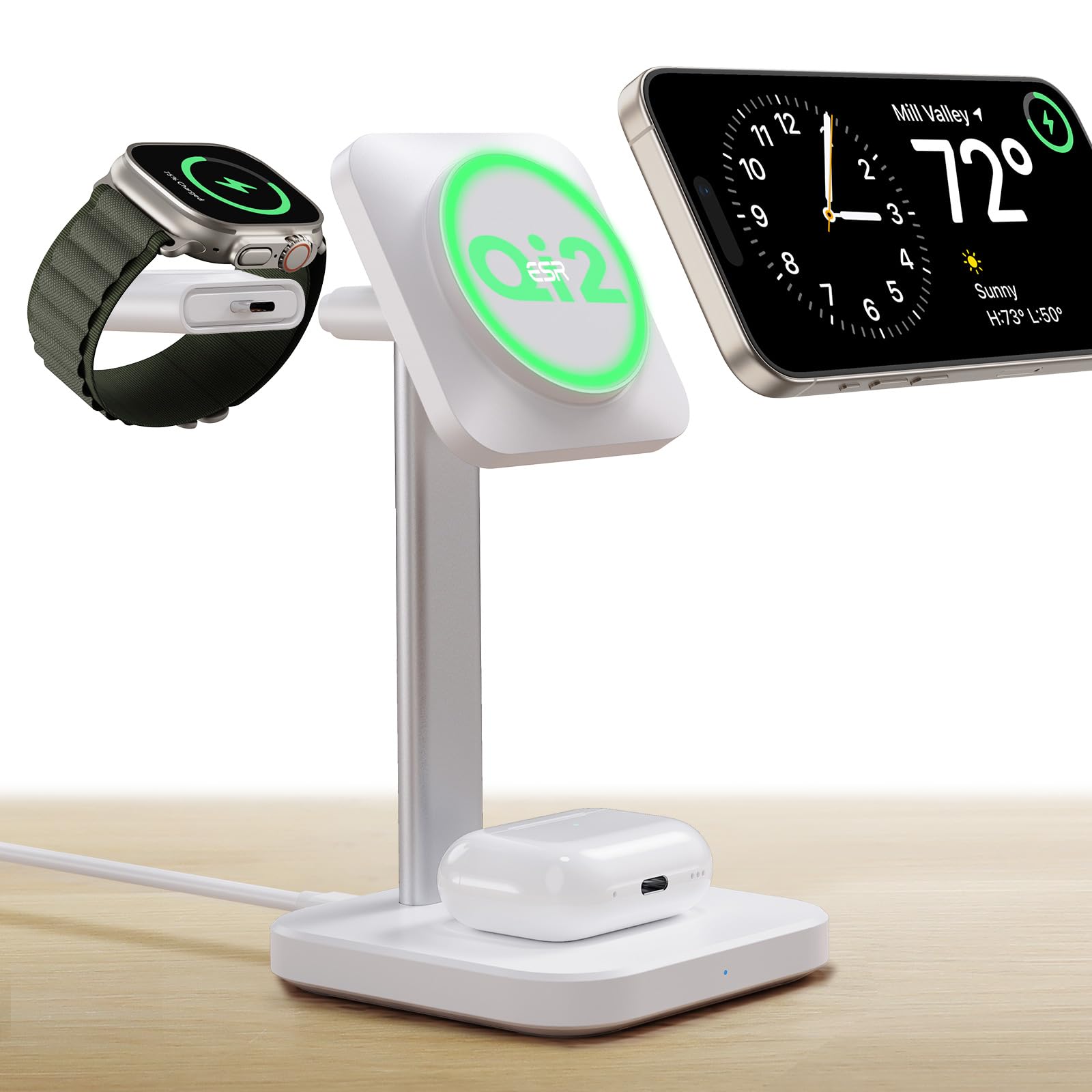 ESR Qi2 estación de carga inalámbrica 3 en 1, [certificado] cargador Apple Watch y cargador Qi2 MagSafe de 15 W para iPhone, cargador inalámbrico para múltiples dispositivos iPhone 16/15/14/13 y reloj