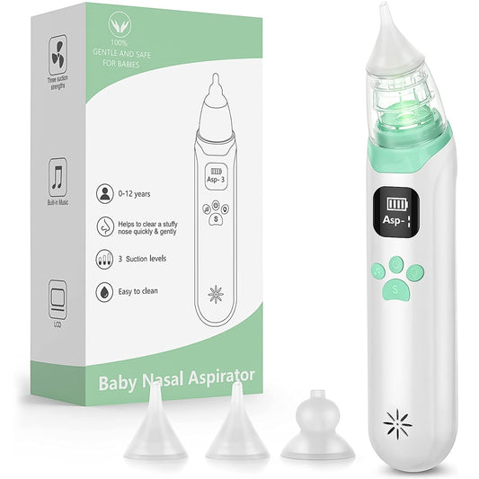 Aspirador Nasal Electrico，Aspirador Nasal Con 3 Cabezales de Silicona, Nivel de Succión Ajustable, Función Relajante con Música y Luz.