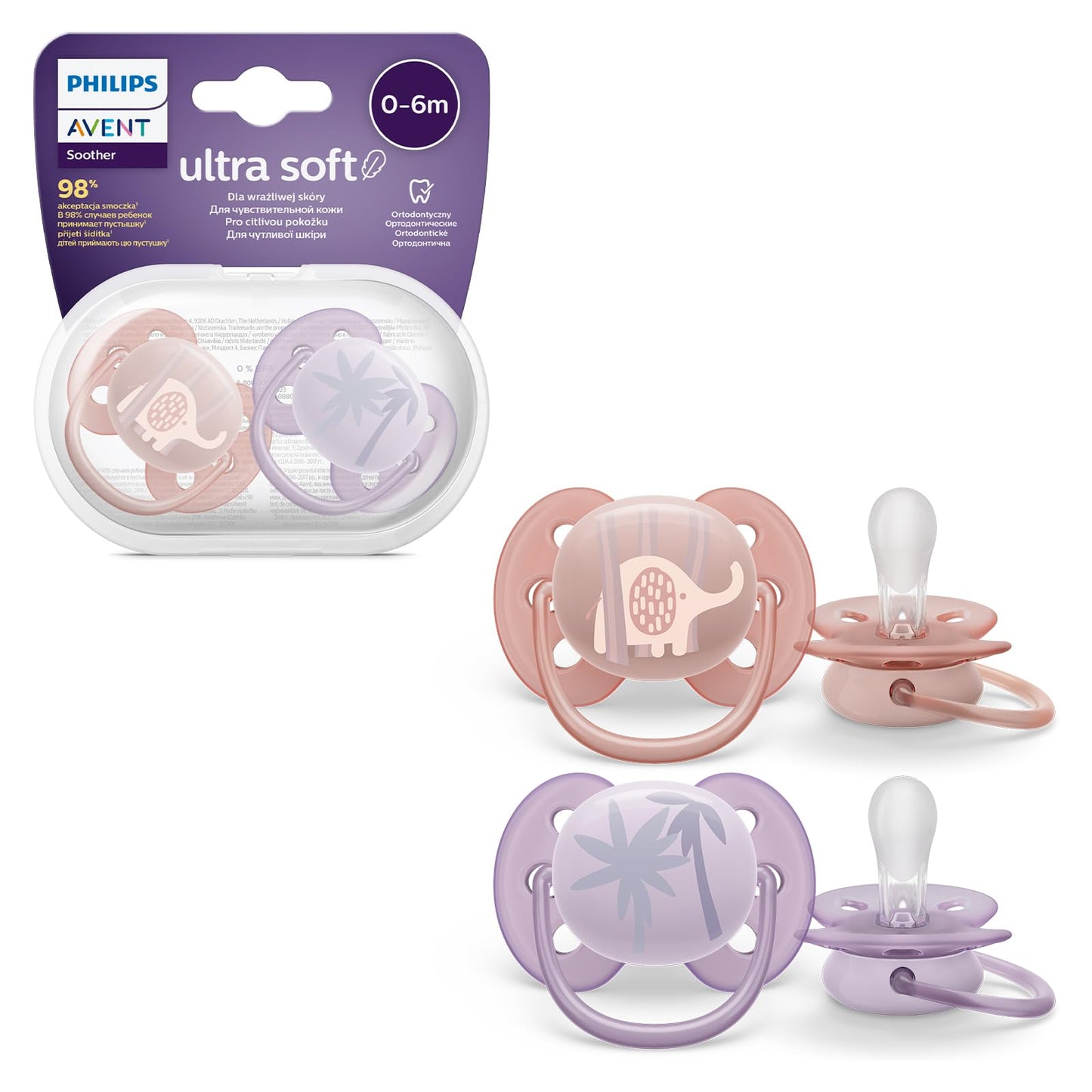 Chupón Ortodóntico Ultrasuave Philips Avent Rosa Morado con Caja Esterilizadora para 0-6 Meses