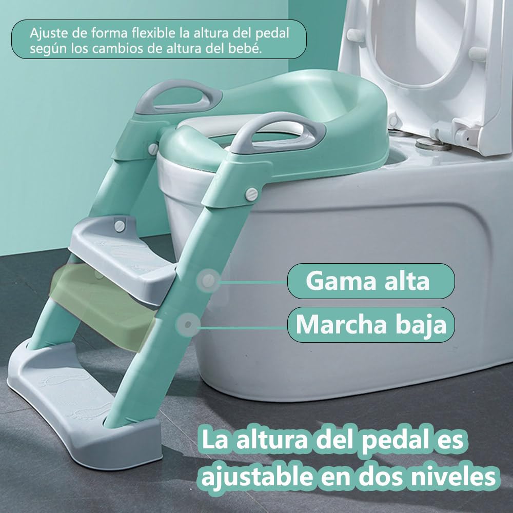 Asiento Entrenador para Baño Infantil Tapizado con Escalera Antideslizante Verde