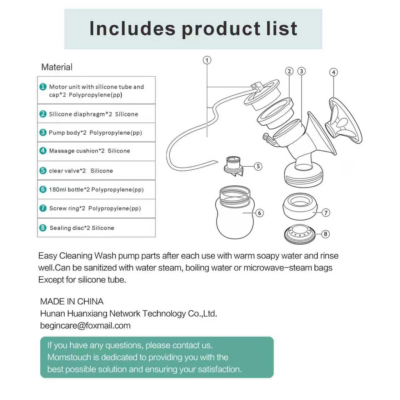 Piezas de extractor de leche compatibles con Philips Avent Comfort de doble cara; incl. Brida, válvula, tubo, almohadilla de masaje, membrana de succión, botella, tapa; no piezas originales de la