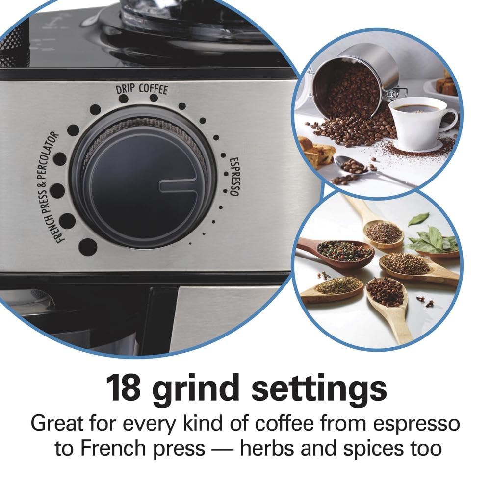 Hamilton Beach Molinillo de café eléctrico con tolva grande de 16 onzas y 18 ajustes para 2-14 tazas, acero inoxidable (80385)