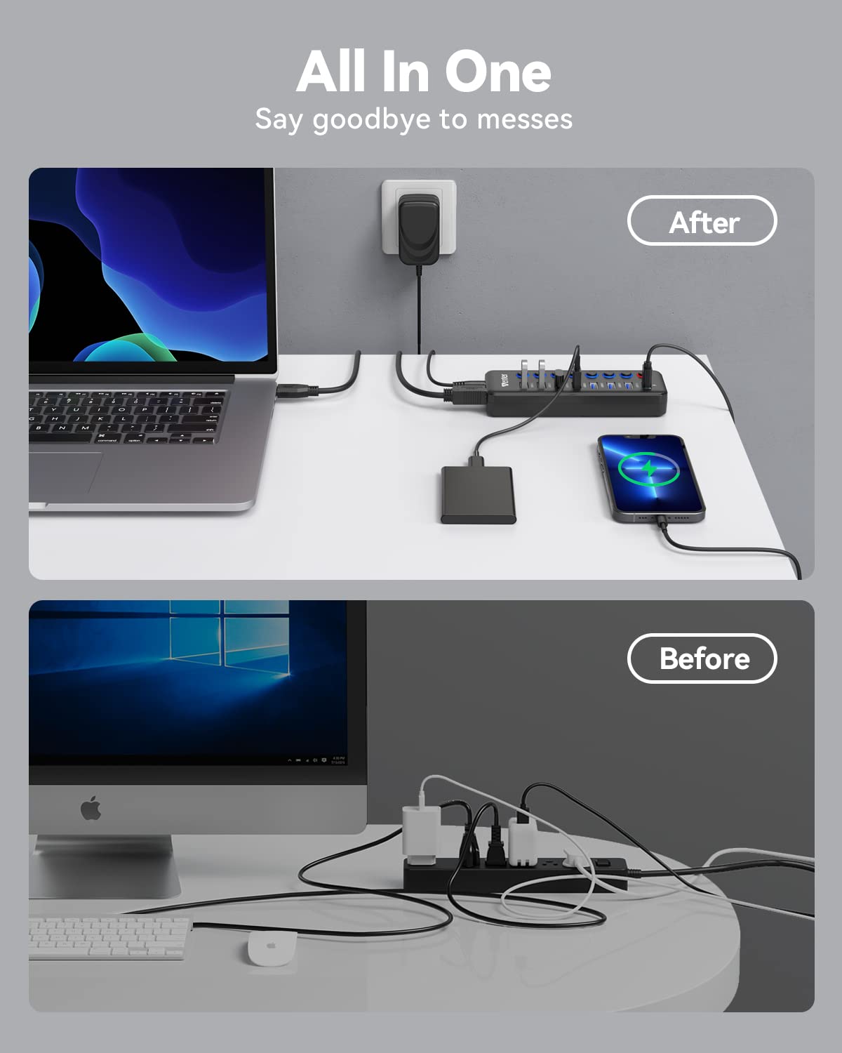 Hub USB alimentado 3.0, Wenter 8 puertos USB Splitter Hub (7 puertos de transferencia de datos más rápidos + 1 puerto de carga inteligente) con interruptores LED individuales de encendido/apagado, Hub