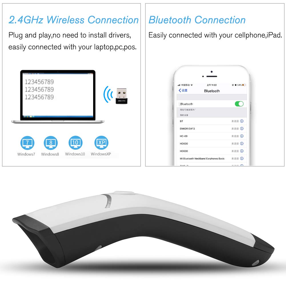 BAOSHARE Bluetooth Escáner de código de Barras 2D 1D inalámbrico, QR PDF417 Data Matrix UPC Escáner de código de Barras Recargable para computadoras portátiles/PC/Android/iOS Pearl White