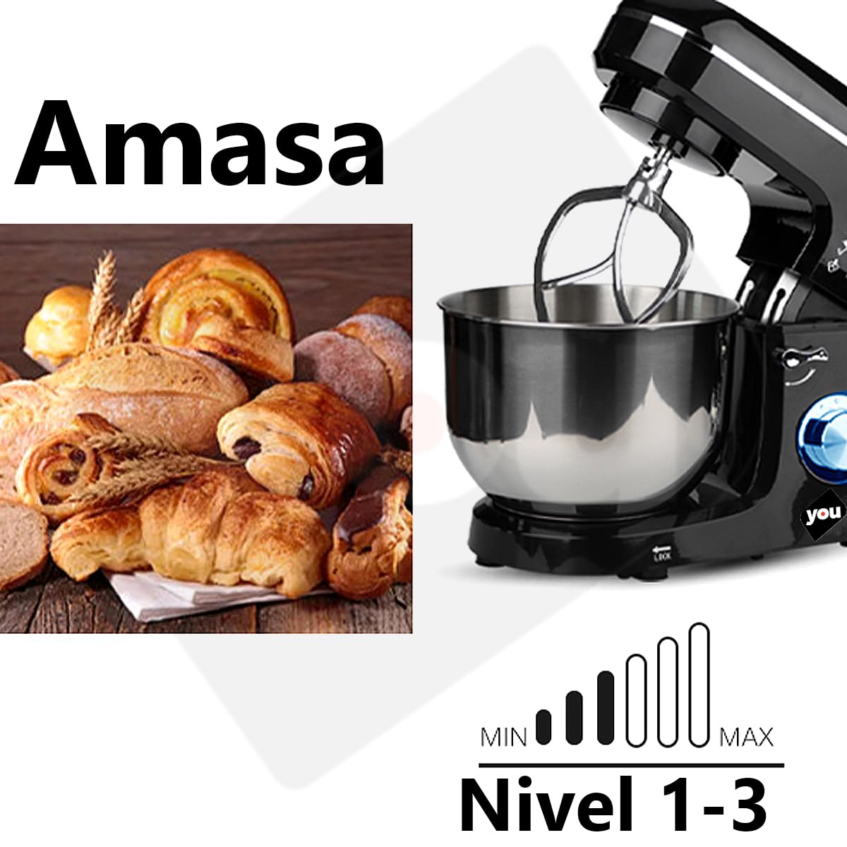 Batidora de Pedestal Profesional Planetaria Uso Rudo 6 Velocidades de 1100 Watts Tazón de 5.8 Litros, Cabeza Inclinable con Accesorios Repostería y Panadería en el Hogar