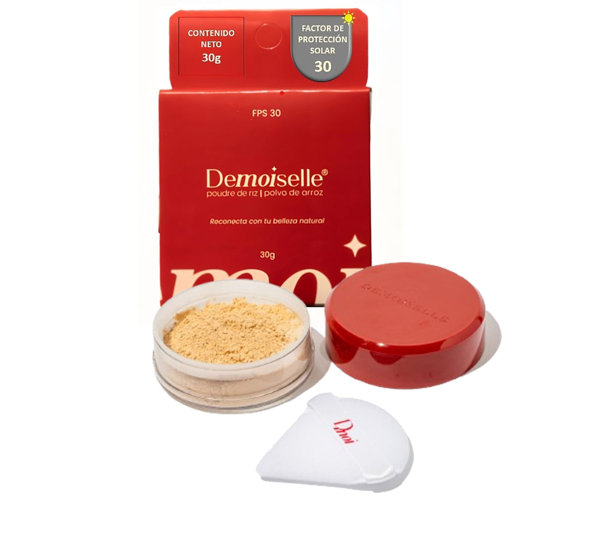 Demoiselle Polvo de Arroz Facial Suelto Traslúcido Claro Ocre con FPS 30 | Acabado Mate | Control de Brillo y Grasa | 30 g