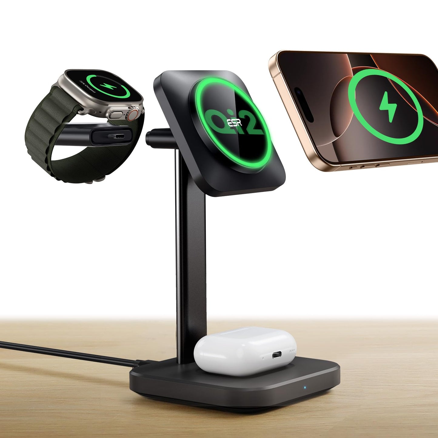 Estación de Carga Inalámbrica ESR Qi2 Negra 3 en 1 para iPhone y Apple Watch