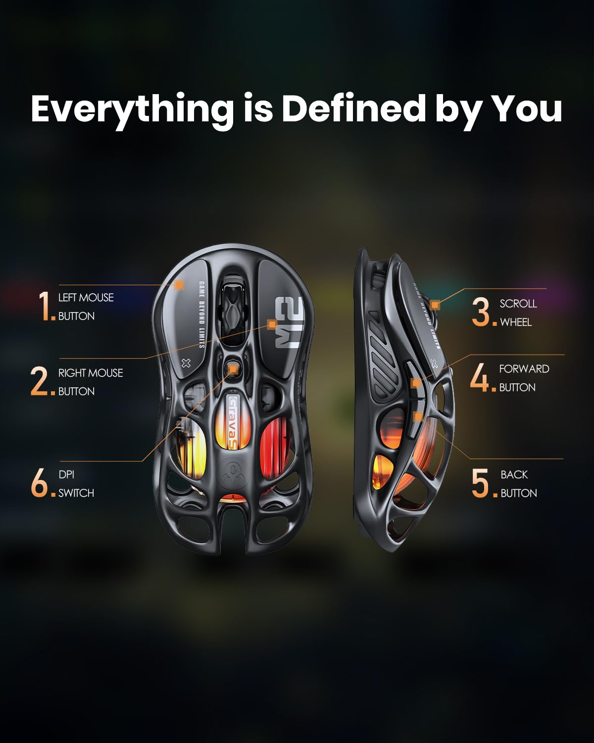 GravaStar Mercury M2 Gaming Mouse - Ratón para Juegos de computadora MMO con Sensor óptico de 26,000 dpi - Diseño Hueco liviano de 78 g - 5 Botones programables - 5 Modos RGB - Negro sigiloso
