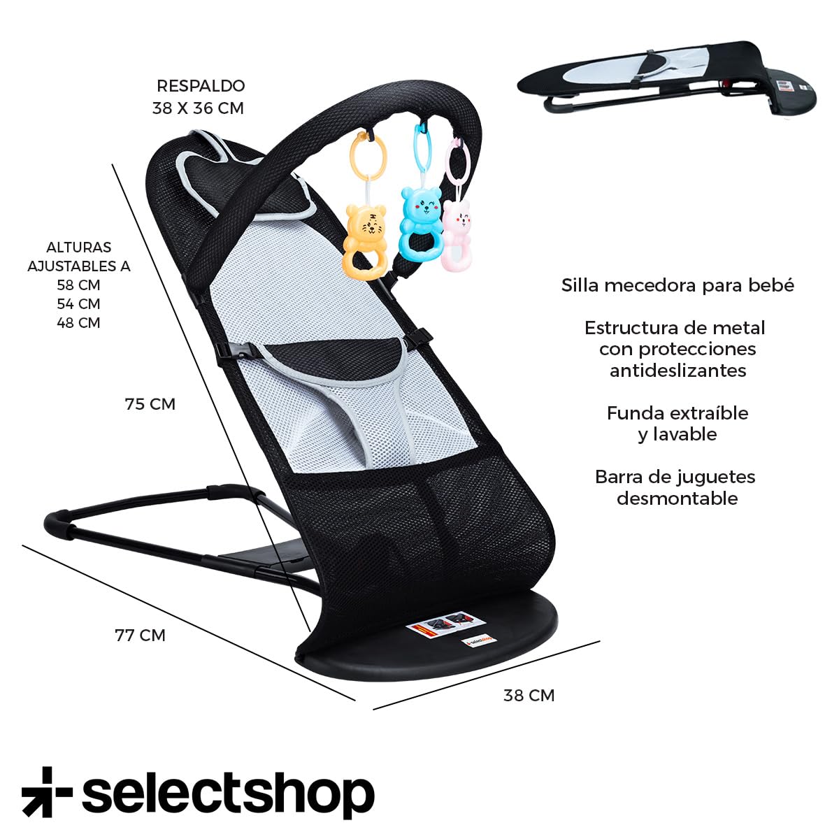 Silla Mecedora SELECTSHOP Negra Portátil de Lujo con Asiento Transpirable y Cómodo para Bebé