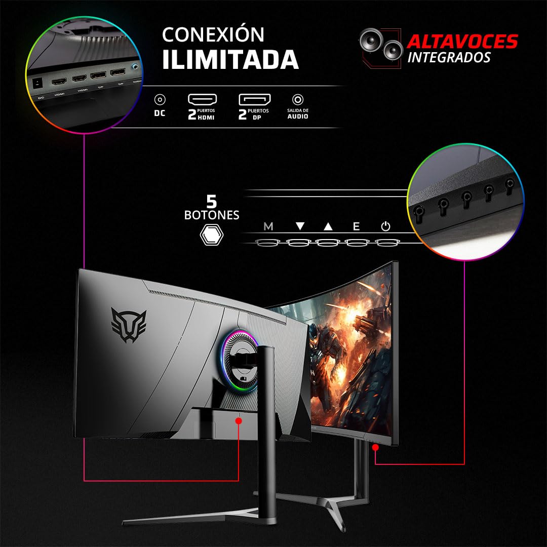 Balam Rush Monitor Gamer Curvo 34" 165hz / Extreme Earth Plus MGM34P / UWQHD R1500 / 1ms / Pip+PBP/F-Sync/G-Sync/Flicker -Free/HDR/Altura Ajustable / 2xHDMI 2.1 + 2xDP 1.4 + 3.5 mm/RGB/VESA 75mm