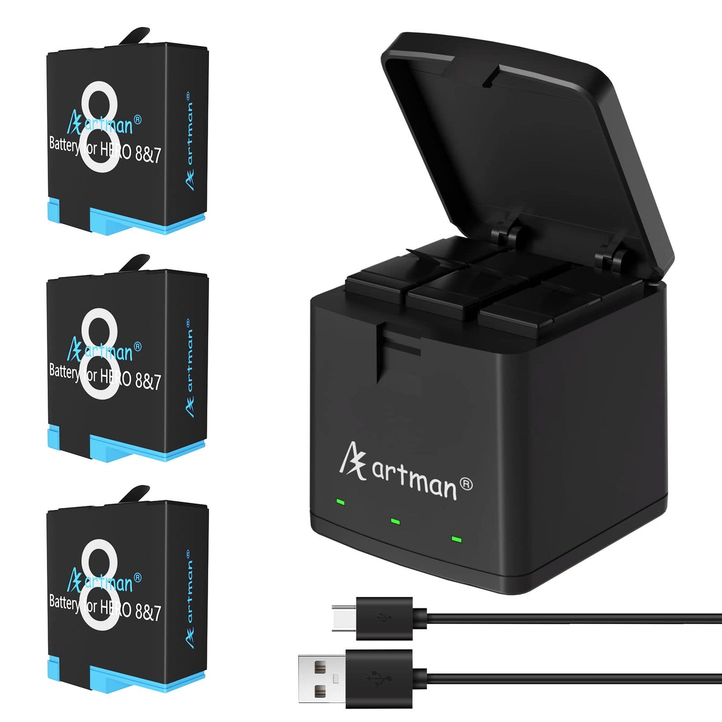 Artman Batería de 1500mAh (Paquete de 3) para GoPro Hero 8/7/6/5 Black y Cargador USB LED de 3 Canales Compatible con la Batería y el Cargador de la GoPro Hero 8
