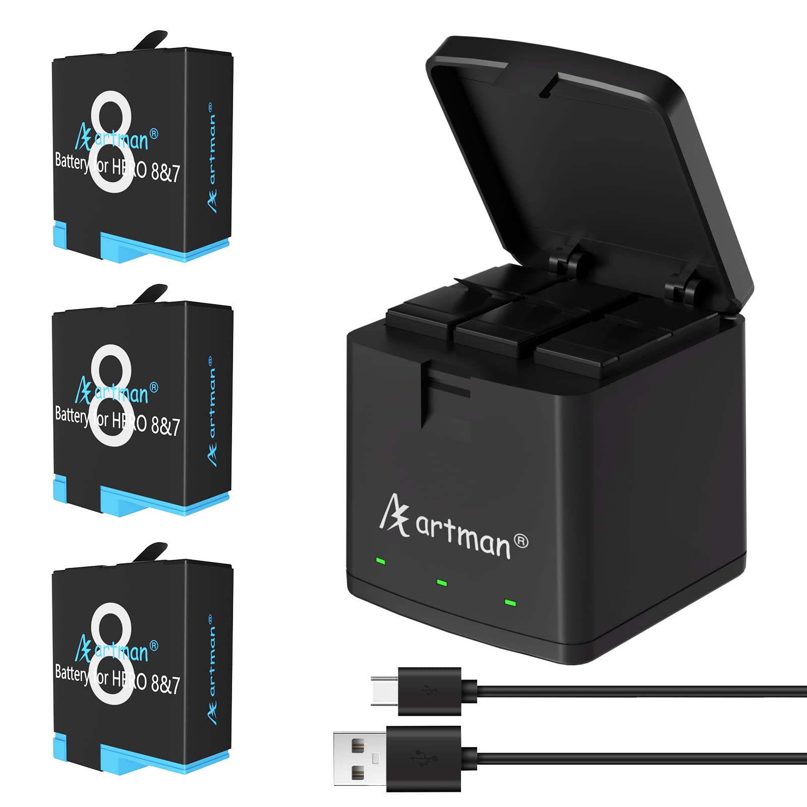 Artman Batería de 1500mAh (Paquete de 3) para GoPro Hero 8/7/6/5 Black y Cargador USB LED de 3 Canales Compatible con la Batería y el Cargador de la GoPro Hero 8