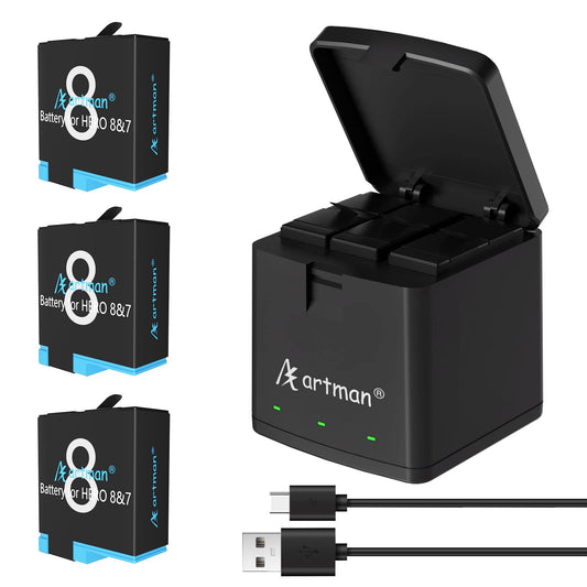 Artman Batería de 1500mAh (Paquete de 3) para GoPro Hero 8/7/6/5 Black y Cargador USB LED de 3 Canales Compatible con la Batería y el Cargador de la GoPro Hero 8