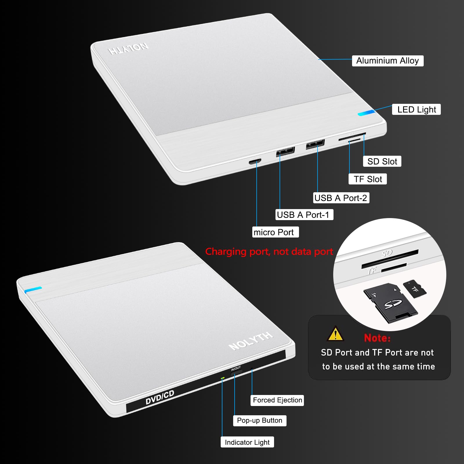 Unidad de CD y DVD Externa NOLYTH Plateado con Grabadora USB y Alta Velocidad