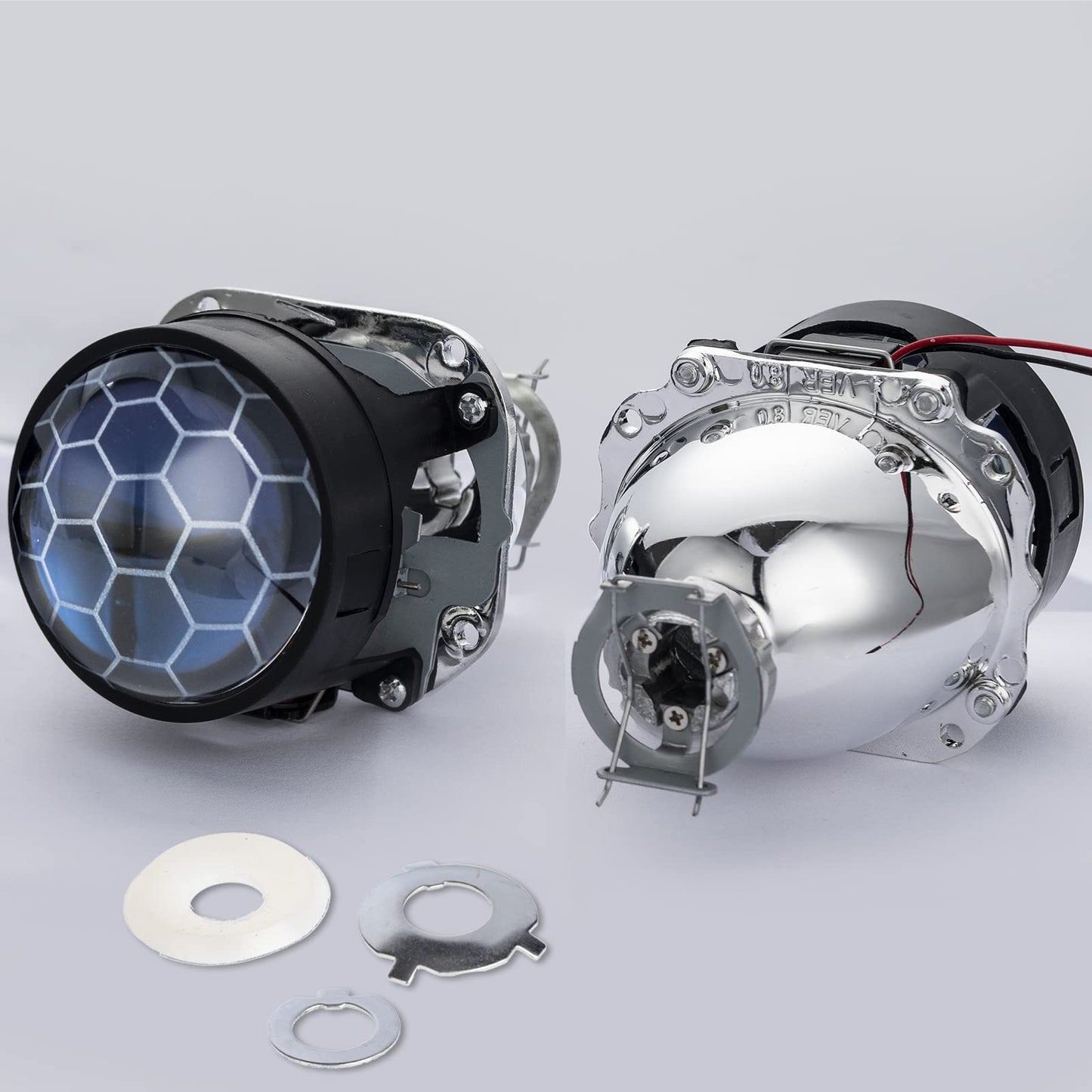 YUFANYA - Lente de proyector de bixenón de abeja de 2.5 pulgadas, lente de proyector LHD con cubiertas blancas y rojas, decoración mini H1 de repuesto para H1 H4 H7 de coche