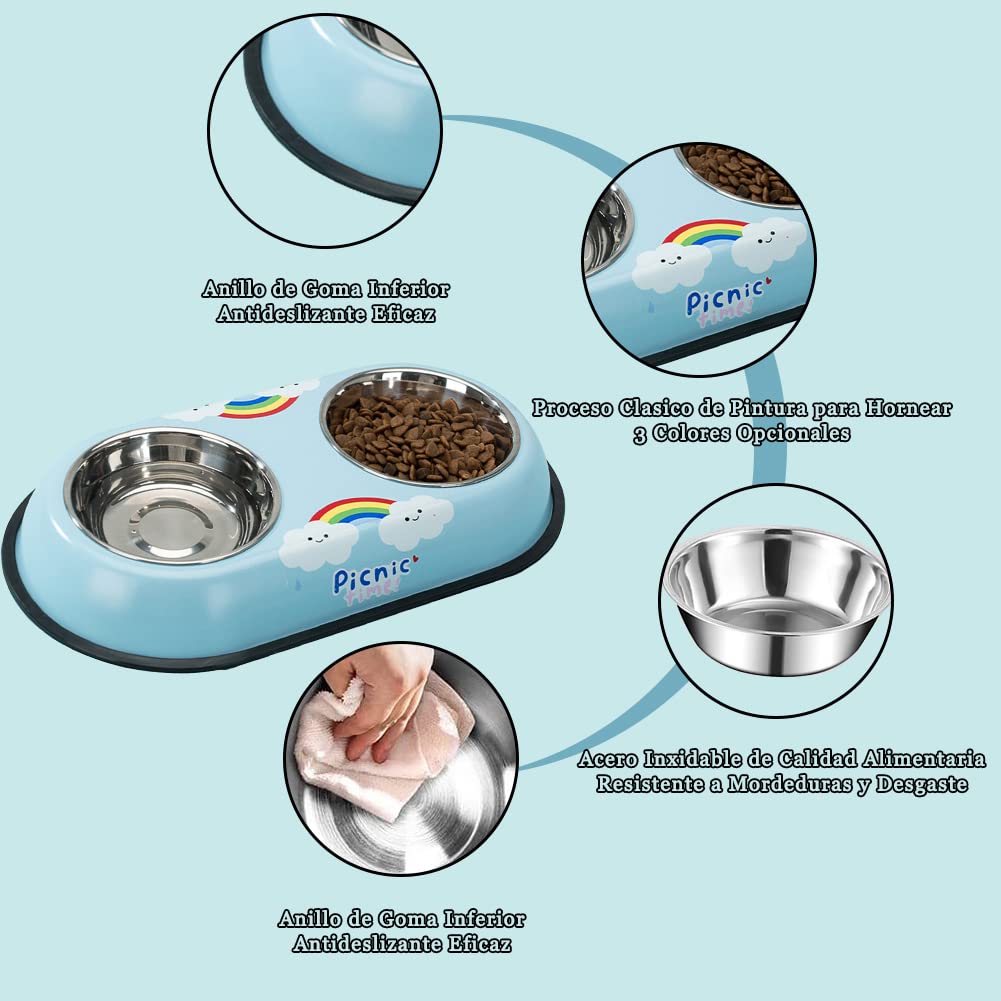 Platos REKOBON Azul de Acero Inoxidable Antideslizantes con Dibujos Animados para Mascotas Pequeñas y Medianas