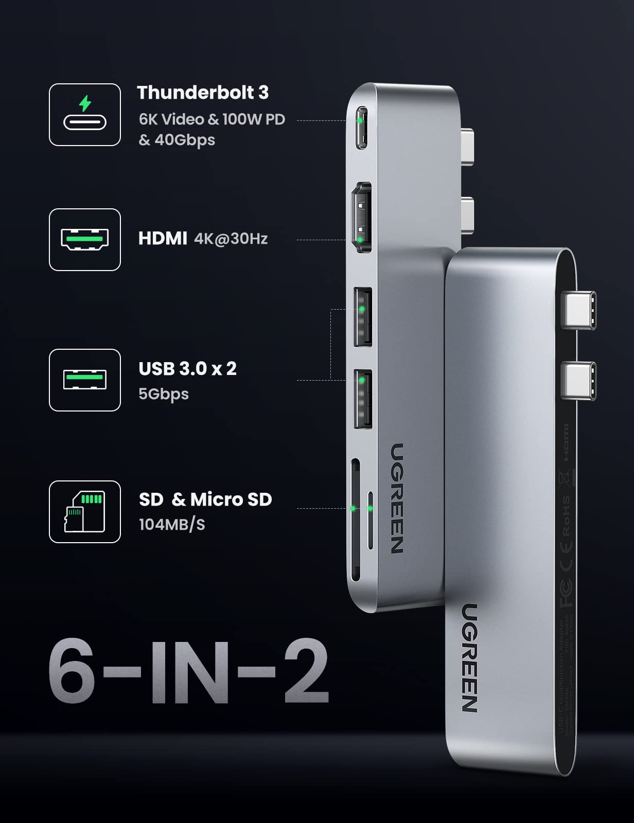 UGREEN USB C Hub para MacBook Pro, Adaptador USB Tipo C con 4K HDMI,Thunderbolt 3,2USB 3.0, Micro SD Lector de Tarjetas para MacBook Pro 2019/2018/2017/2016,MacBook Air 2020/2019/2018, Plateado