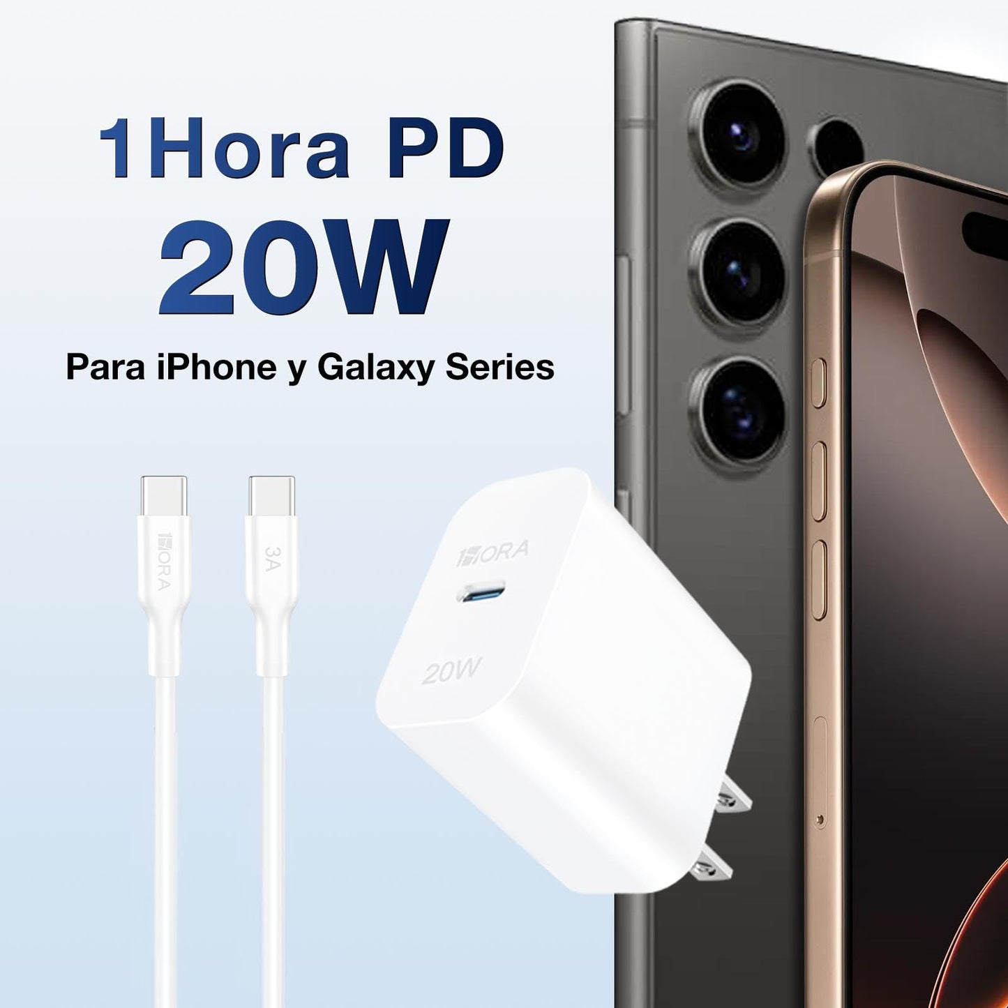 1 Hora Cargador USB C, 3-Pack PD 20W Cubo Cargador Tipo C Carga Rápida con Cable USB C a C 1M 3A, Cuadro de Carga Compatible para IP 15 Samsung Galaxy A55/S23/Note10/S20 Ultra/S10/S9/S8/Motorola