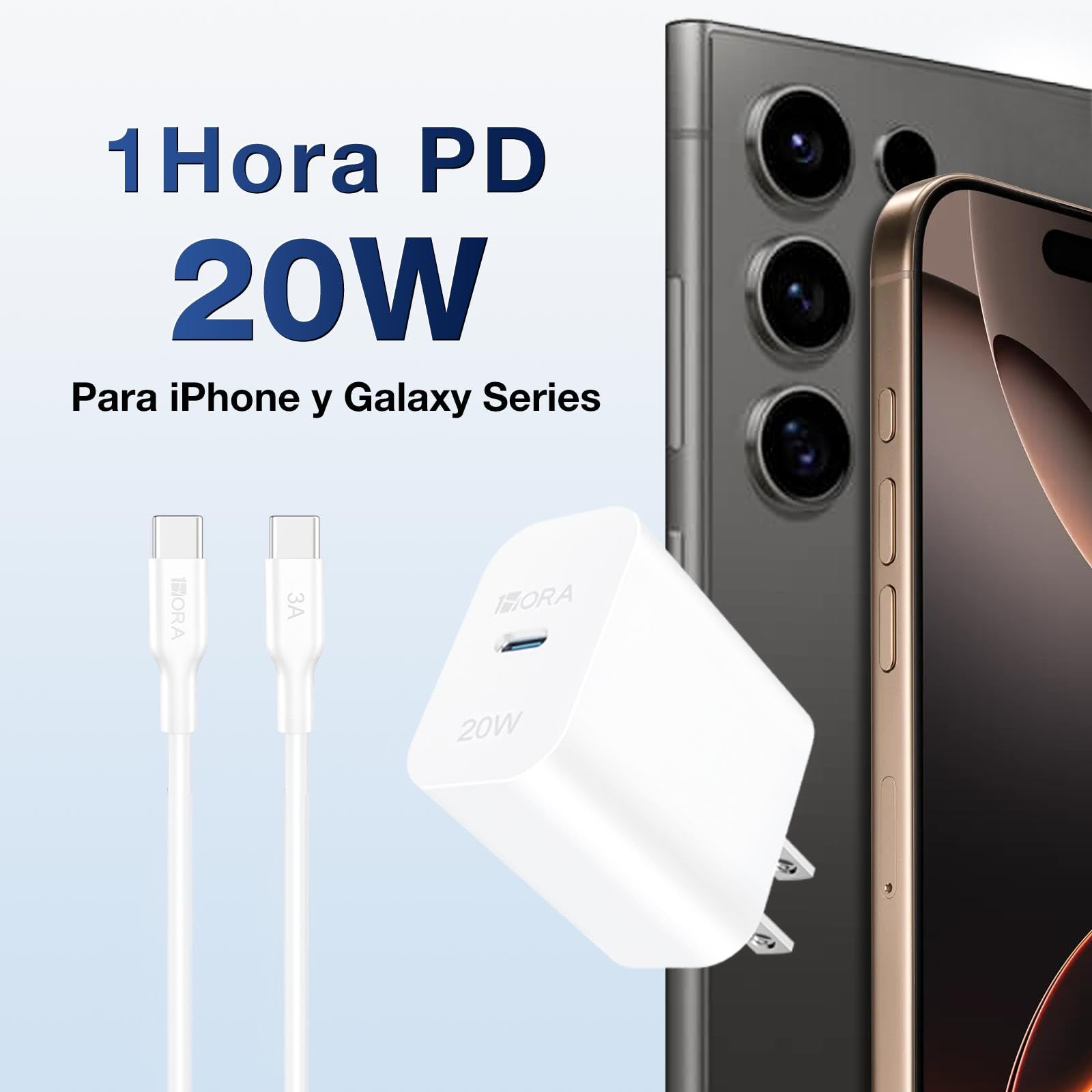1 Hora Cargador USB C, 3-Pack PD 20W Cubo Cargador Tipo C Carga Rápida con Cable USB C a C 1M 3A, Cuadro de Carga Compatible para IP 15 Samsung Galaxy A55/S23/Note10/S20 Ultra/S10/S9/S8/Motorola