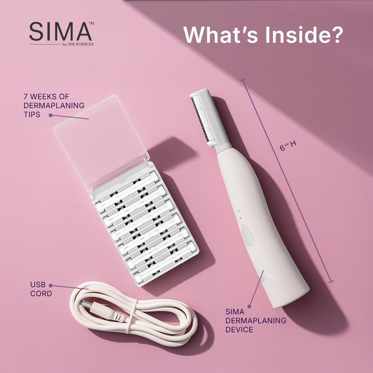 Spa Sciences - Herramienta de dermaplaning SIMA - Sistema patentado de exfoliación facial sin dolor 2 en 1 y eliminación de pelo de melocotón con 7 semanas de tratamiento incluido - Antienvejecimiento - 3 velocidades - Recargable