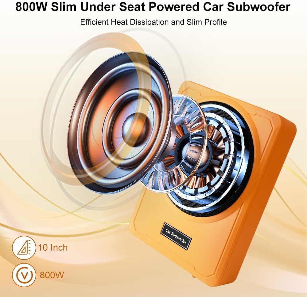 litillbuly Subwoofer de 10 pulgadas 800 W naranja para coche, subwoofer delgado para debajo del asiento, entrada de nivel alto/bajo, subwoofer de audio para coche/camión, subwoofer integrado