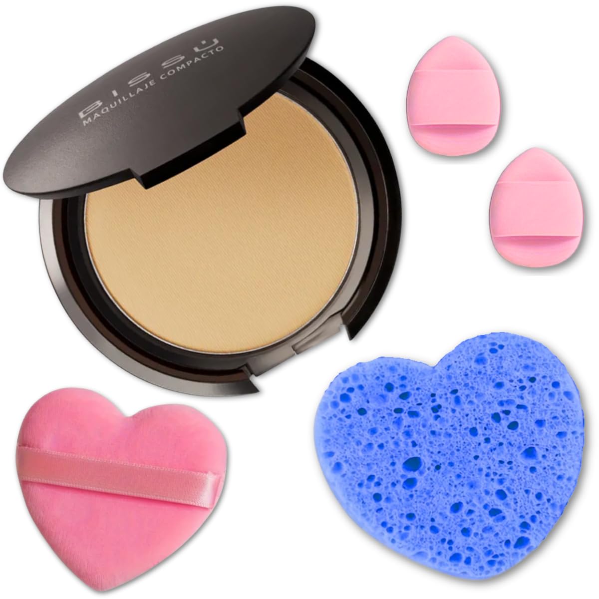 Kit de maquillaje y exfoliación – Polvo compacto Bissú + 1 Almohadilla de terciopelo mediano + 2 Almohadillas de dedos + 1 esponja exfoliante facial (11 Almond)