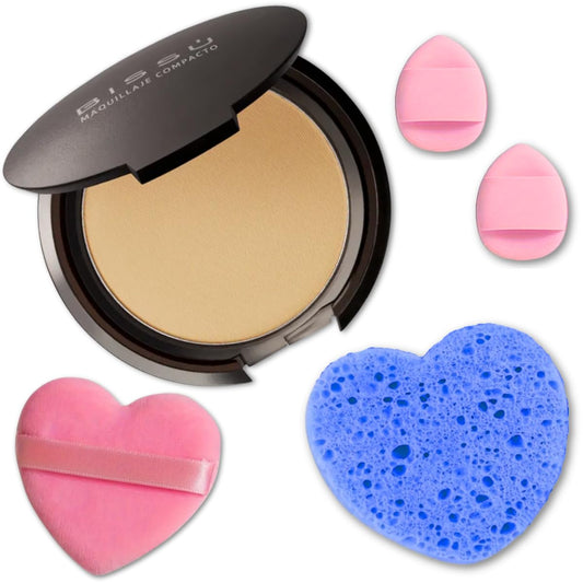 Kit de maquillaje y exfoliación – Polvo compacto Bissú + 1 Almohadilla de terciopelo mediano + 2 Almohadillas de dedos + 1 esponja exfoliante facial (11 Almond)