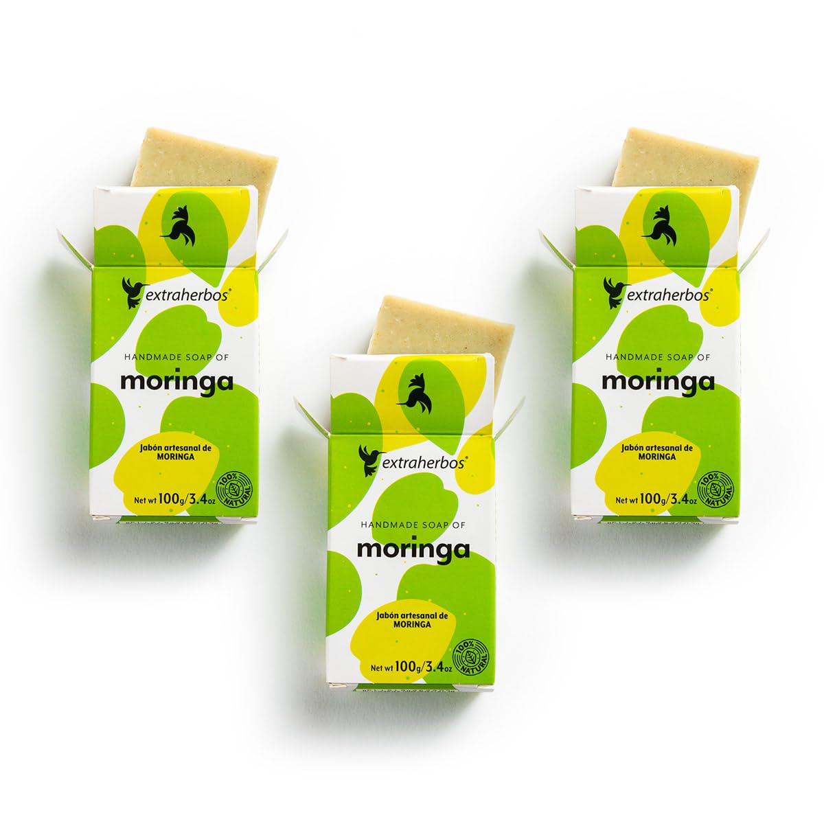 Extraherbos Pack 3 Jabones de Moringa Artesanales 100g c/u - Antiedad, Hidratante y Nutritivo - Limpiador Facial y Corporal con Hoja de Moringa y Aceite de Coco - Vegano, Cruelty Free - 3 Piezas